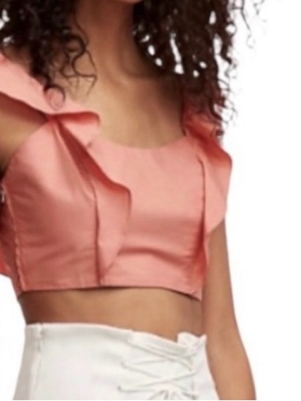 Wilfred Coral Satin Cropped Ruffle-Shoulder Top
